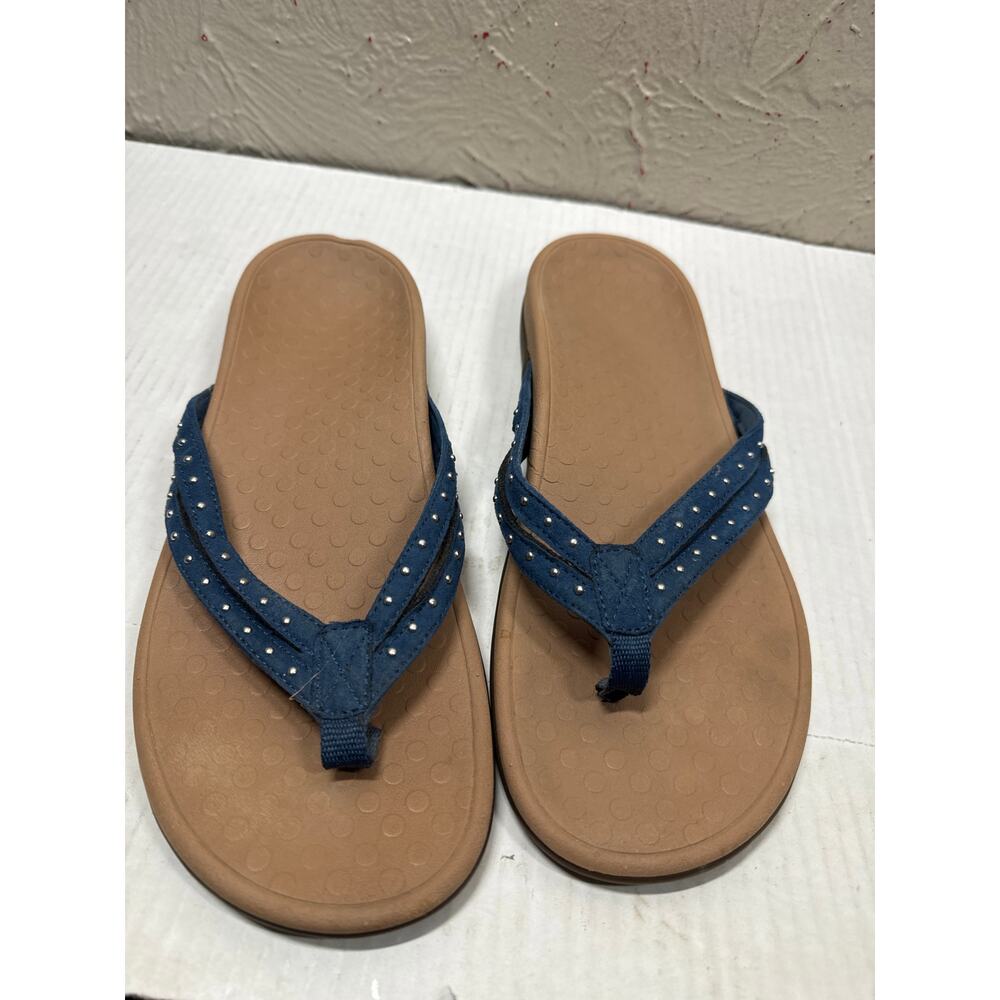 Vionic Tasha Dark Blue Toe Post Sandal Flip Flop Studded Leather Strap Womens 11